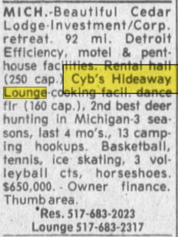 Shay Lake Motel (Cybs Hideaway Lounge) - Nov 1992 Ad (newer photo)